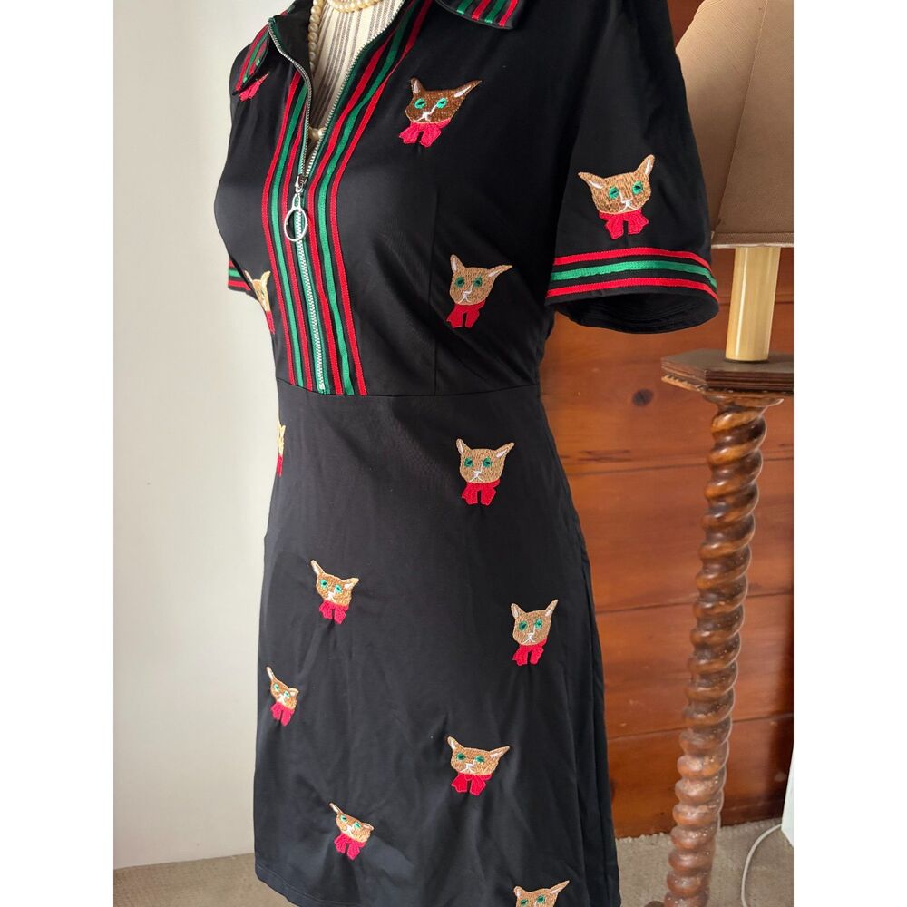 Burryco Embroidered Cat Zippered Holiday Old Money Retro Classic Polo Dress